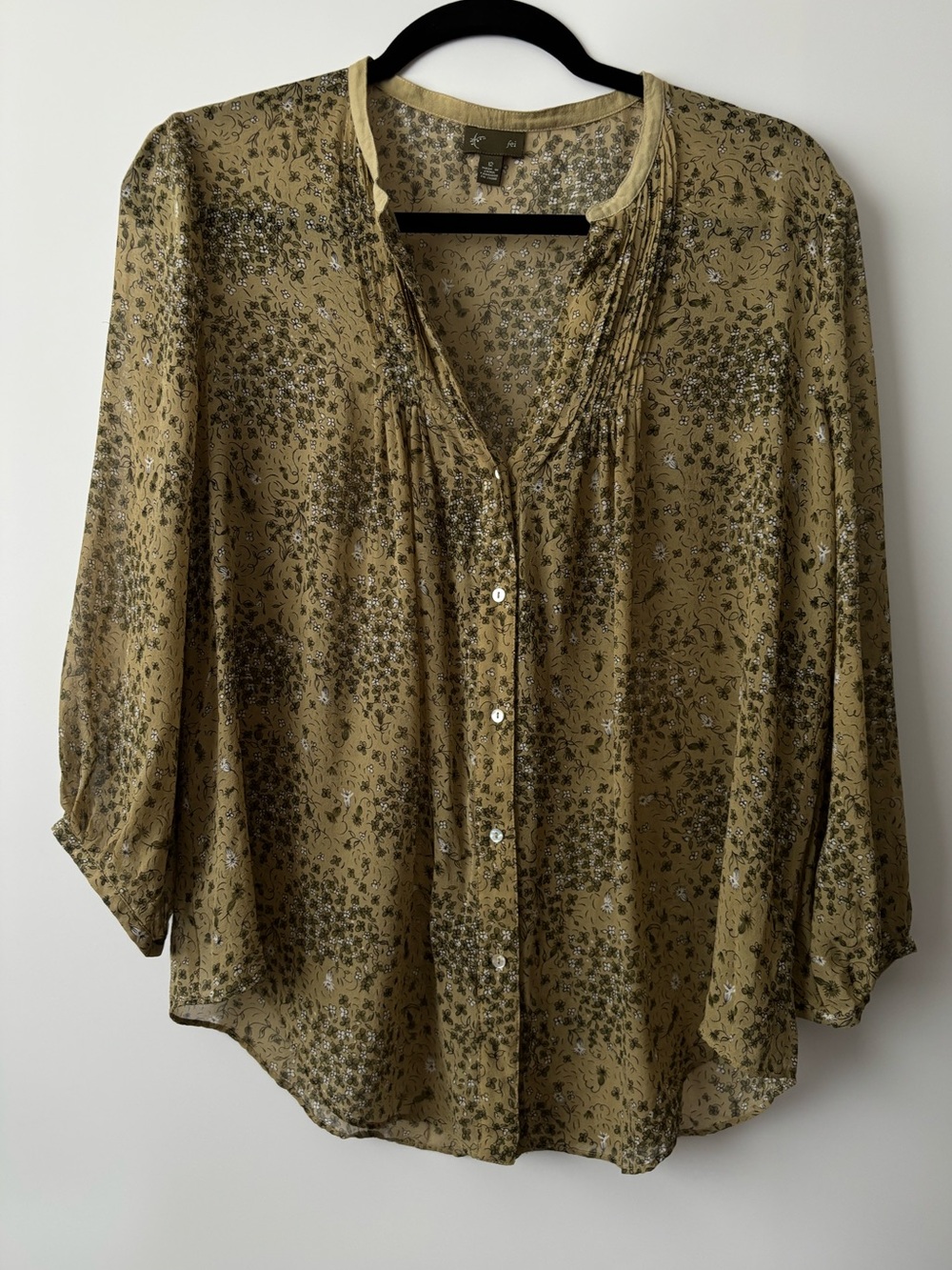 Fei Anthropologie 100% Silk Sheer Floral Pintuck Blouse Boho Olive Green Size 12